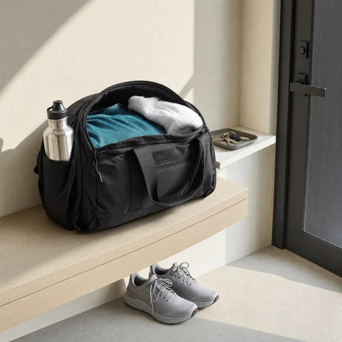A packed training bag beside the door, with shoes beneath it and keys on a tray