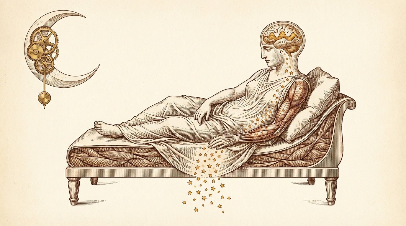 Resting athlete with a moon, clockwork, and highlighted muscles