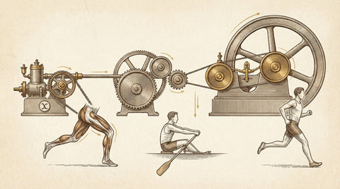 Three mechanical energy systems powering sprinting, rowing, and running