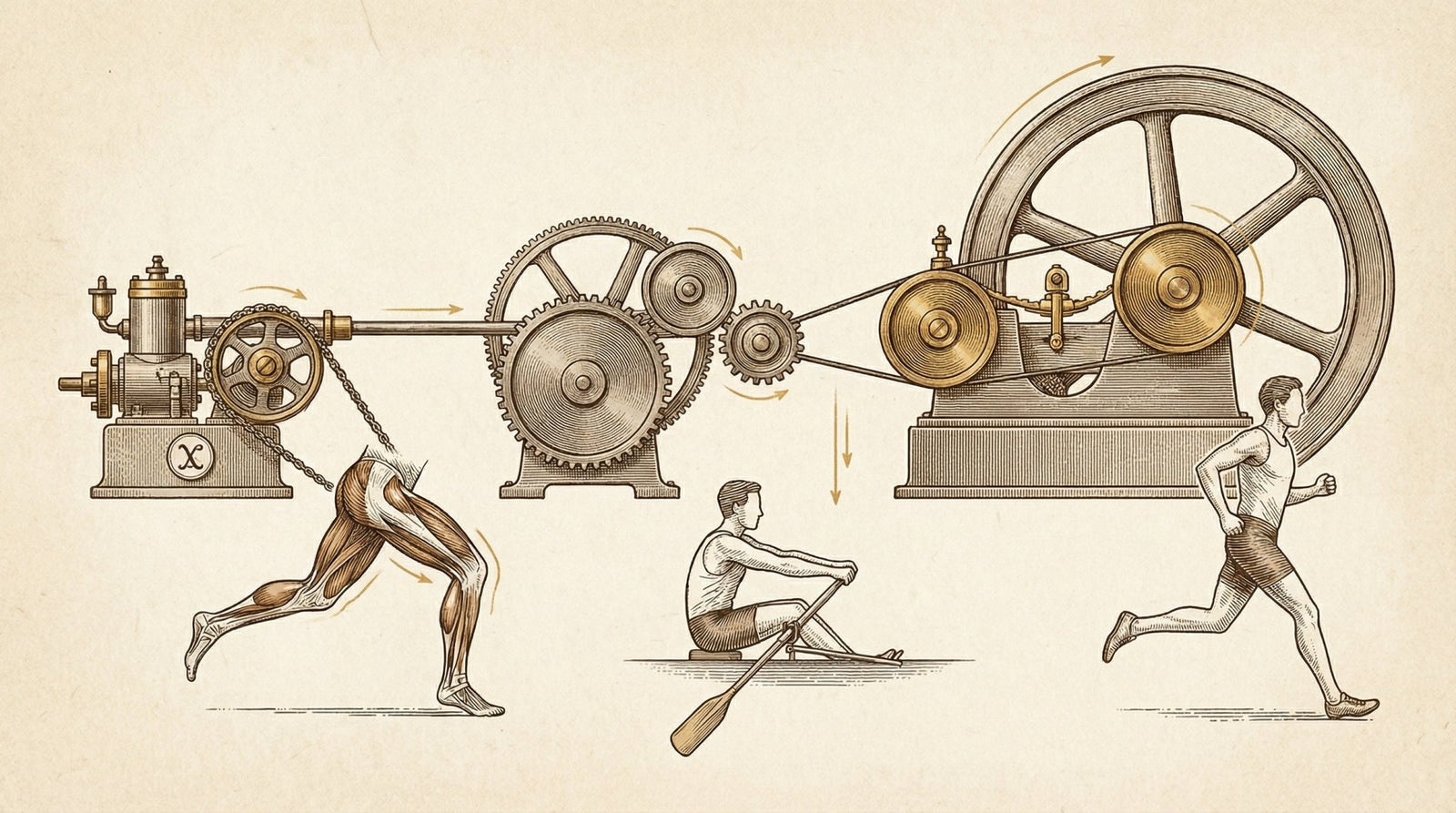Three mechanical energy systems powering sprinting, rowing, and running
