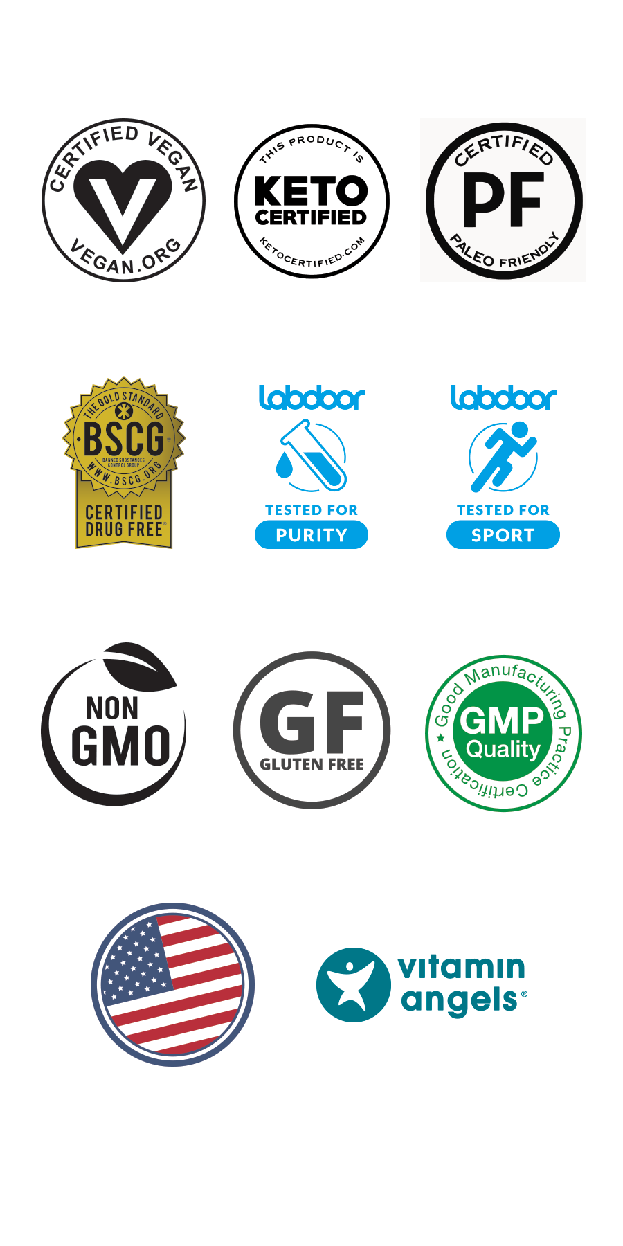 Certifications and Test Icons - Vegan, Keto, Paleo, BSCG, Labdoor, Non-GMO, Gluten Free, cGMP, USA, and Vitamin Angels
