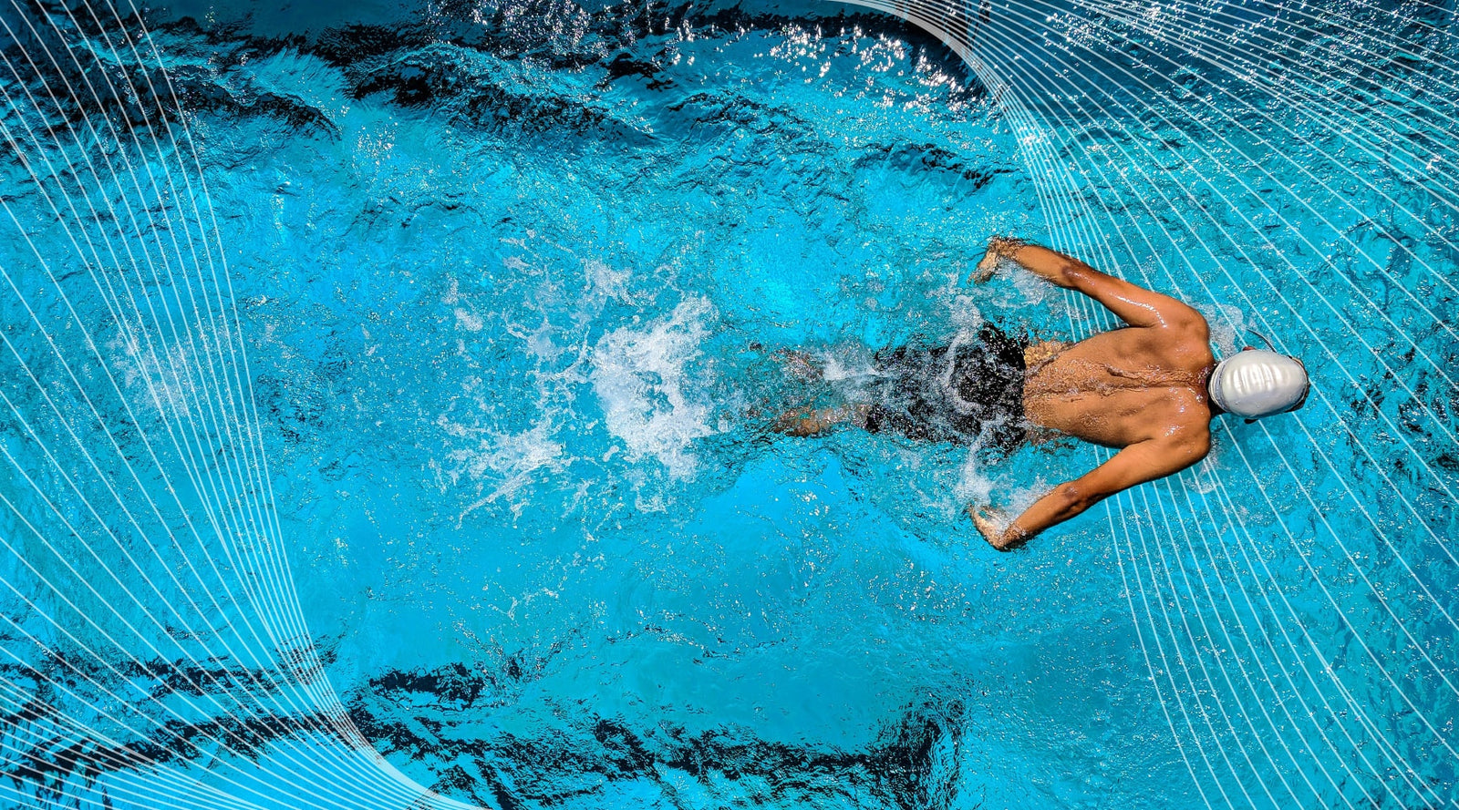Do Vitamins Muscle Fiber overlay on swimmer in pool overhead