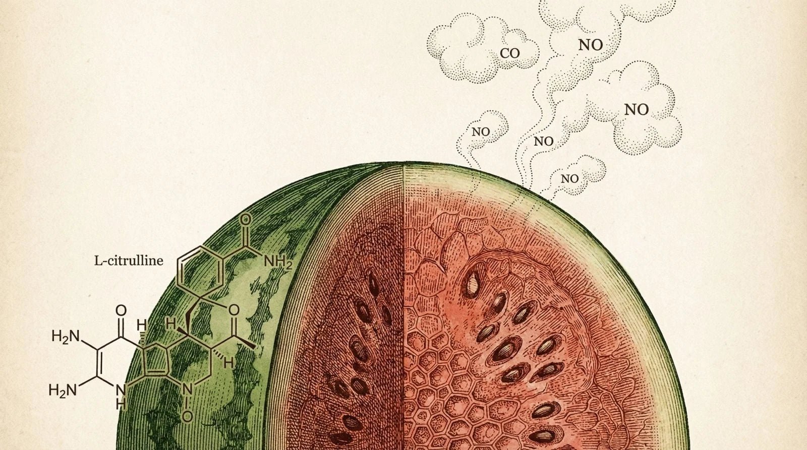 Illustration of a watermelon with citrulline-related chemical diagrams